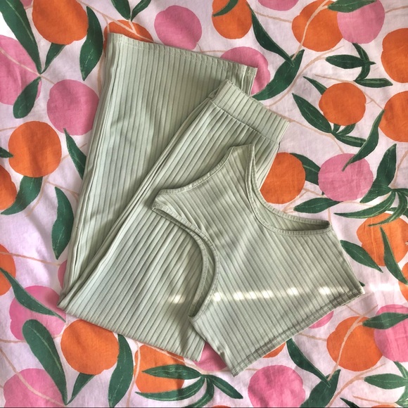 Pistachio Ribbed Racerback and Wide Leg Trouser Matching Lounge Set - Picture 2 of 6